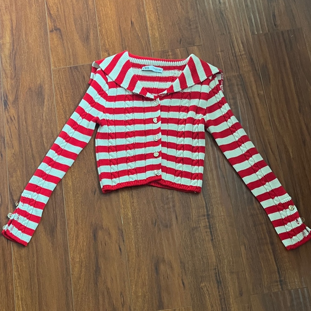 Zara Red and Cream Striped Knit Sweater